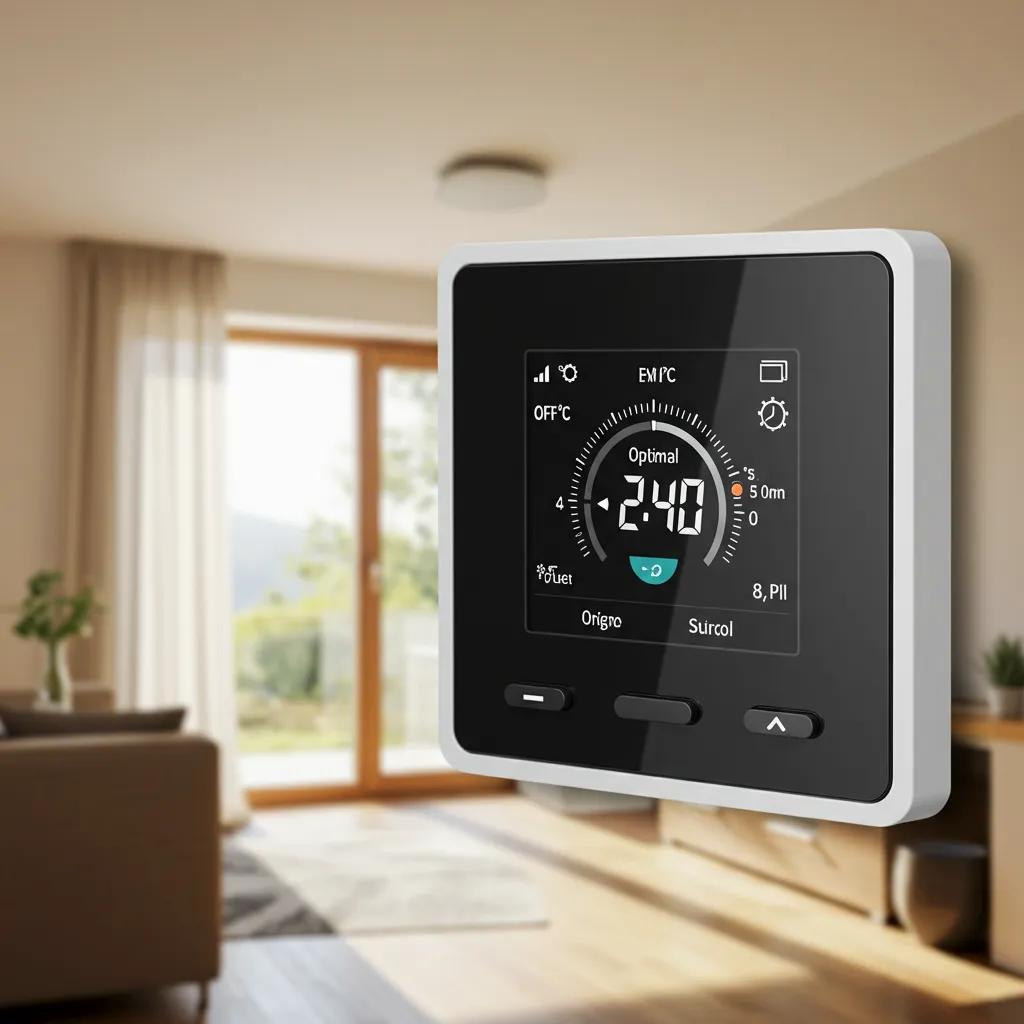 Digital thermostat in a stylish home, illustrating optimal energy-saving settings